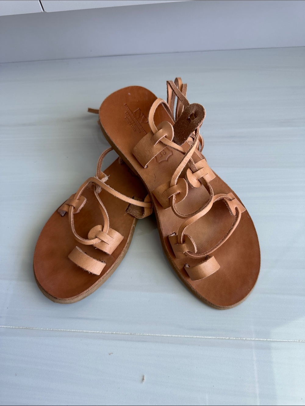 Greek Women's Tan 100% Natural Leather Strappy Gladiator Sandals. Size 7.5 / 38